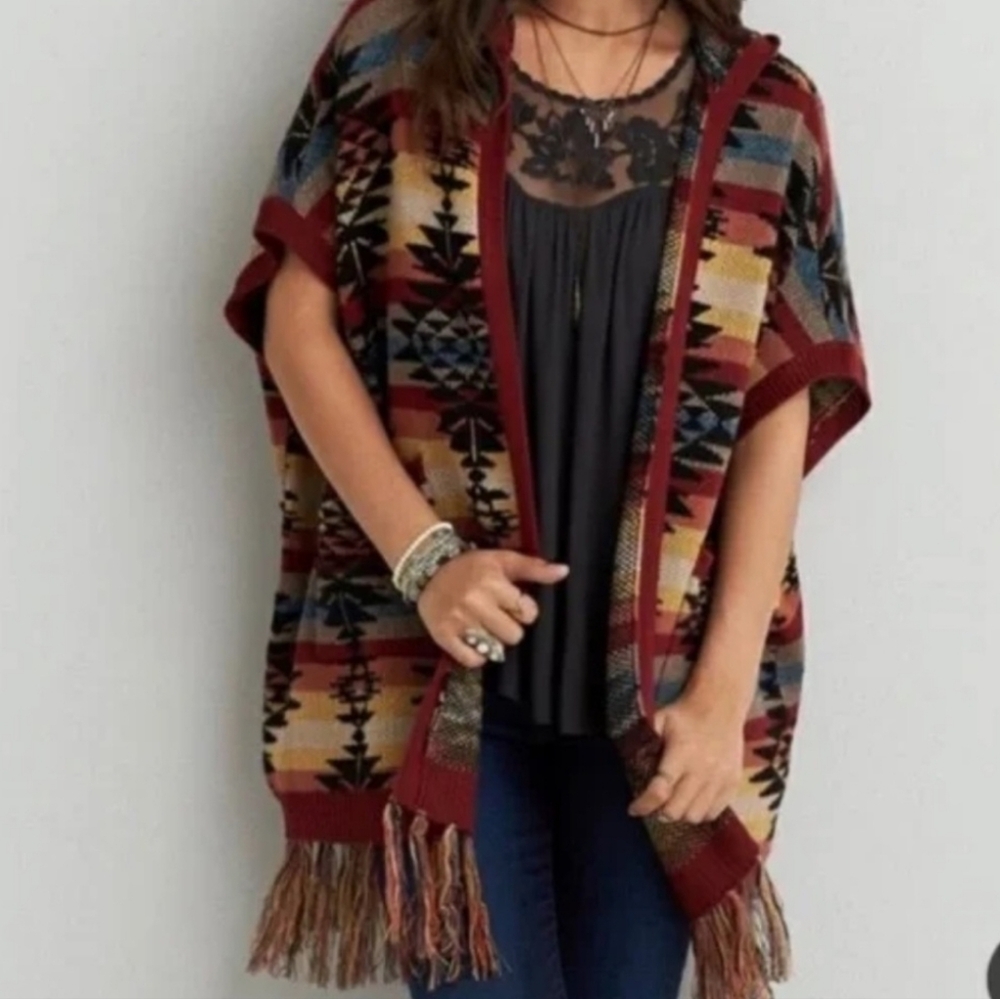 American Eagle Southwestern Hooded Sweater Poncho Oversized XS Fringe Boho